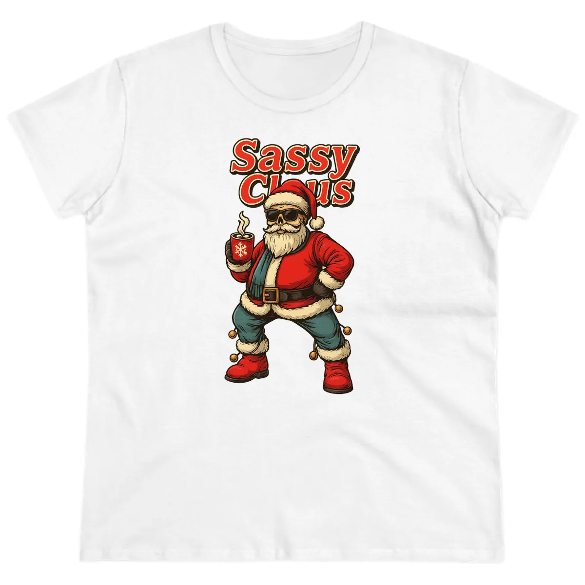 Sassy Claus With Coffee Mug Ladies Tee in White