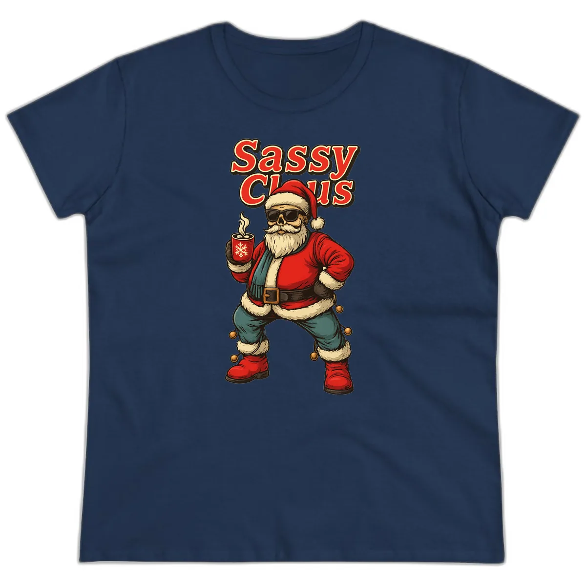 Sassy Claus With Coffee Mug Ladies Tee in Navy