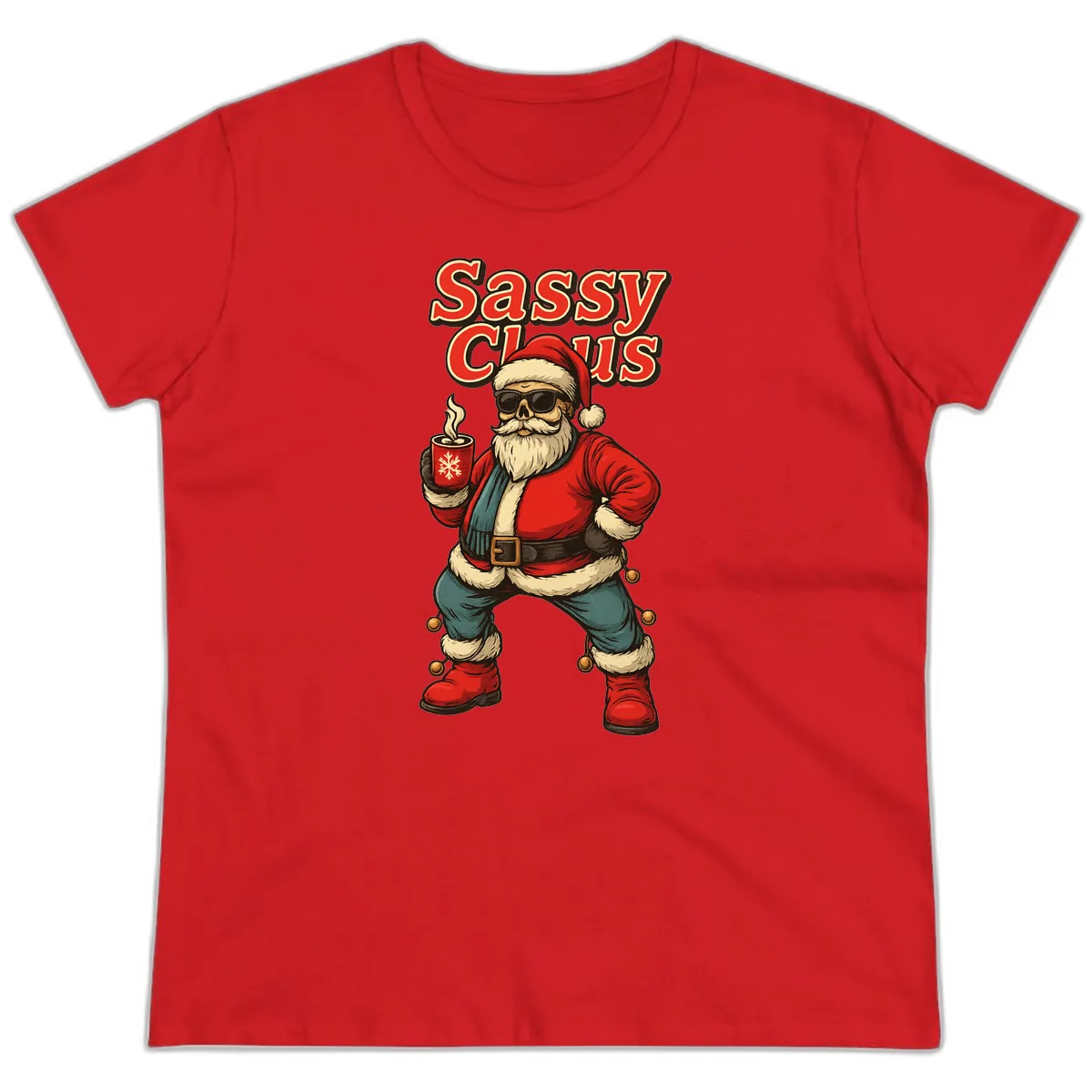 Sassy Claus With Coffee Mug Ladies Tee in Red