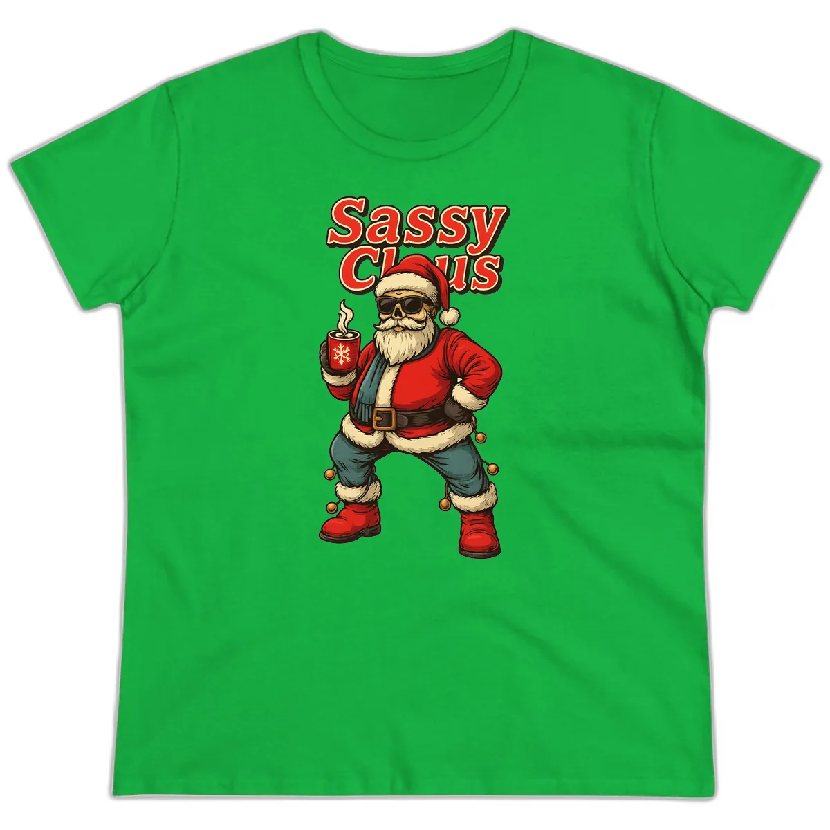 Sassy Claus With Coffee Mug Ladies Tee in Irish Green