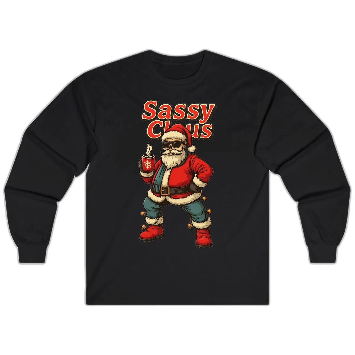 Sassy Claus With Coffee Mug Long Sleeve in Black