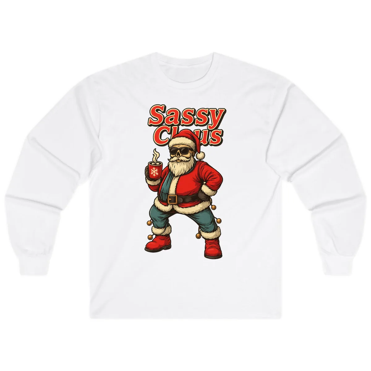Sassy Claus With Coffee Mug Long Sleeve in White