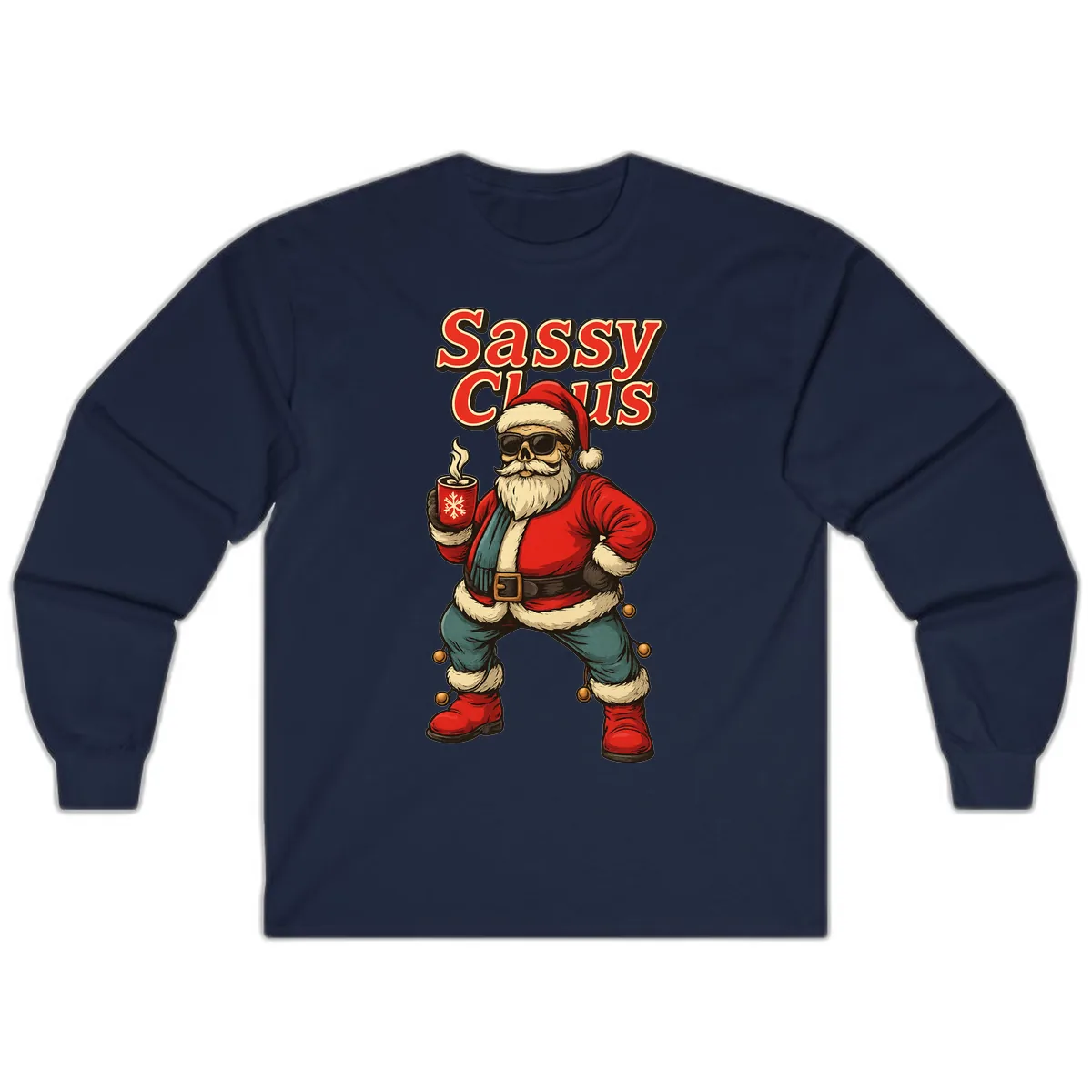 Sassy Claus With Coffee Mug Long Sleeve in Navy