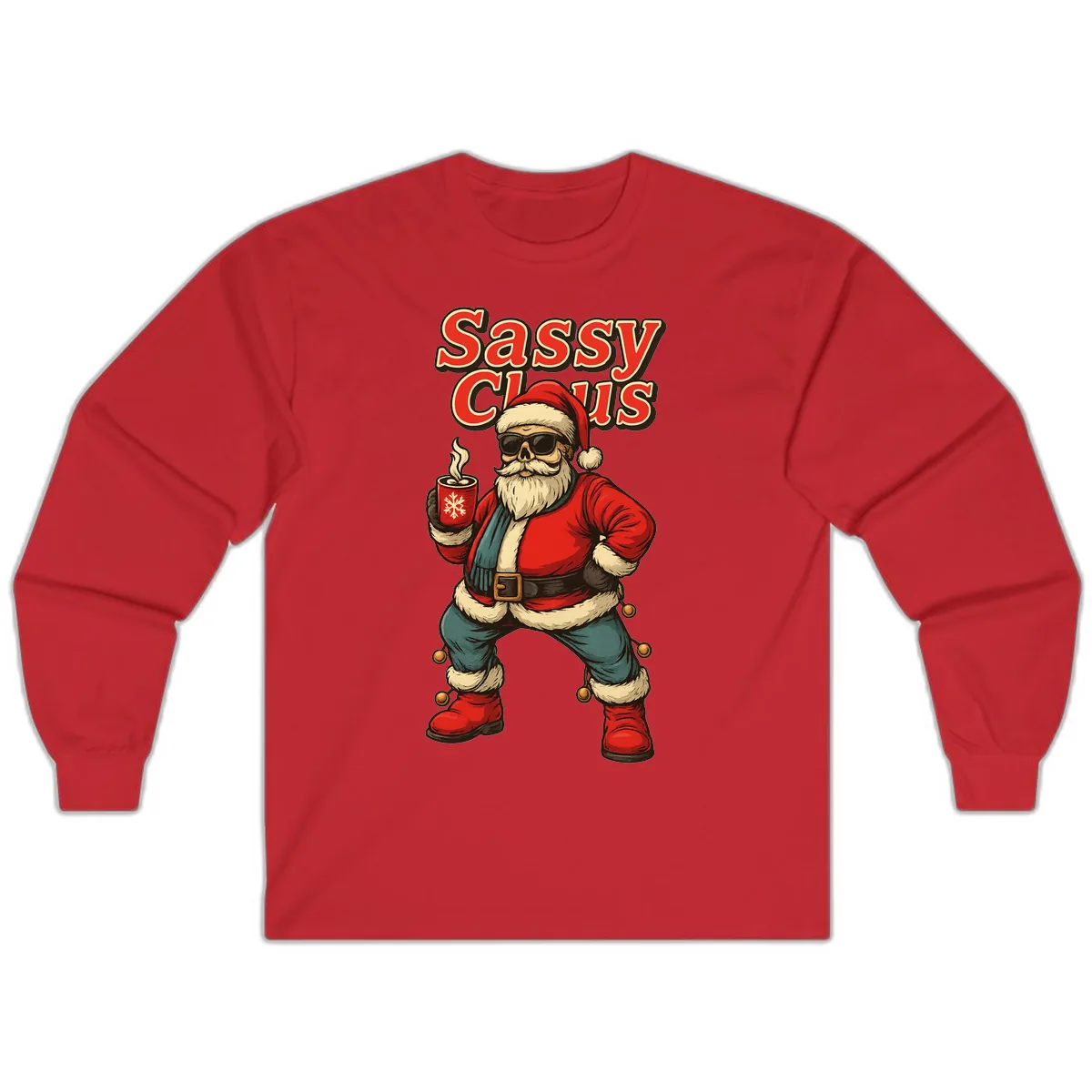 Sassy Claus With Coffee Mug Long Sleeve in Red