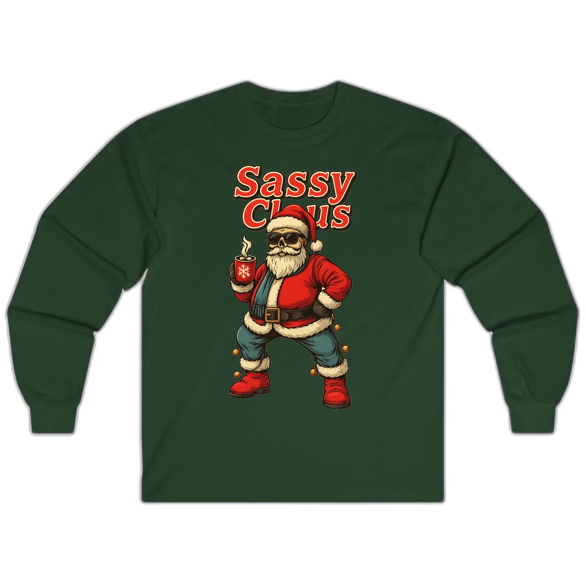 Sassy Claus With Coffee Mug Long Sleeve in Forest Green