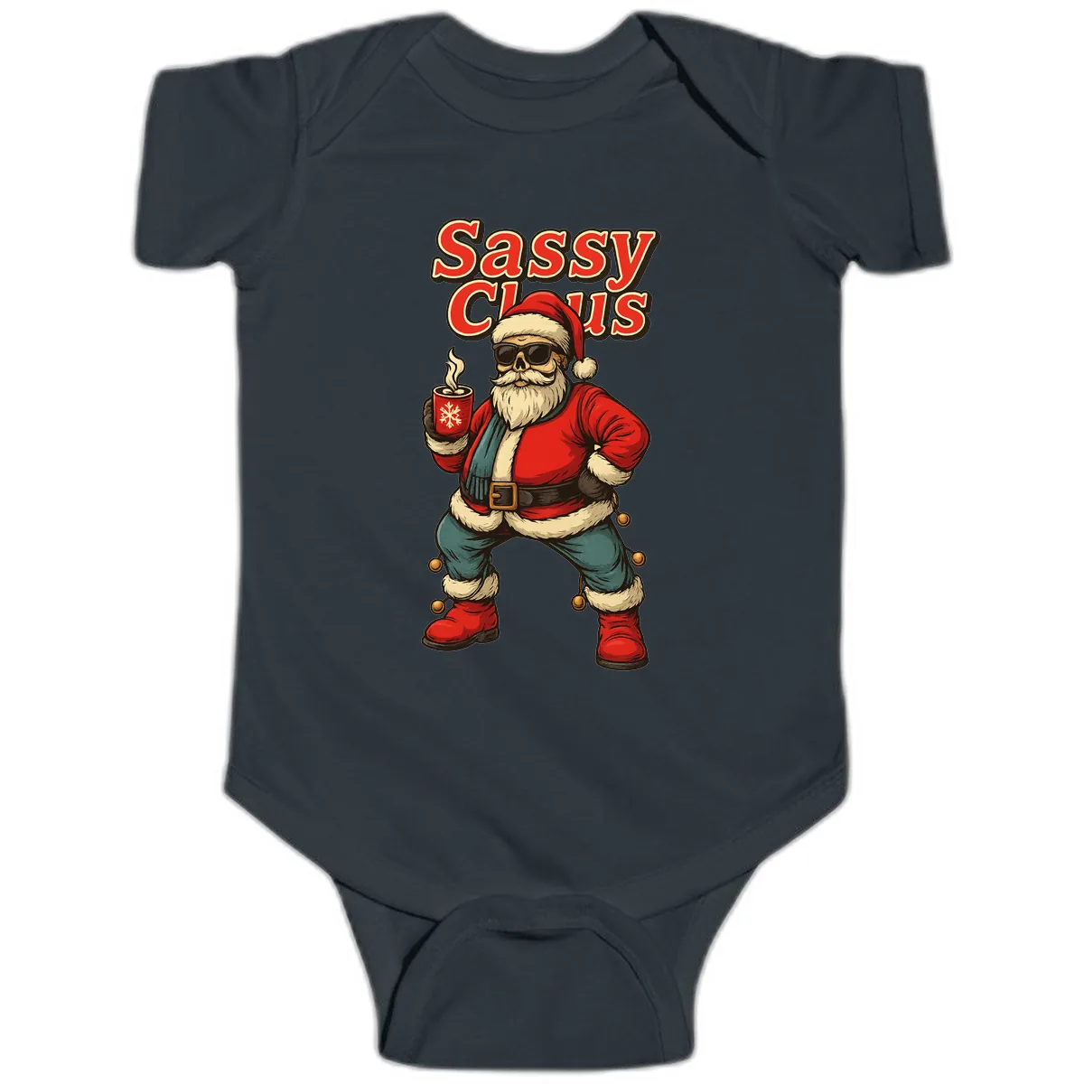 Sassy Claus With Coffee Mug Baby Onesie in Black
