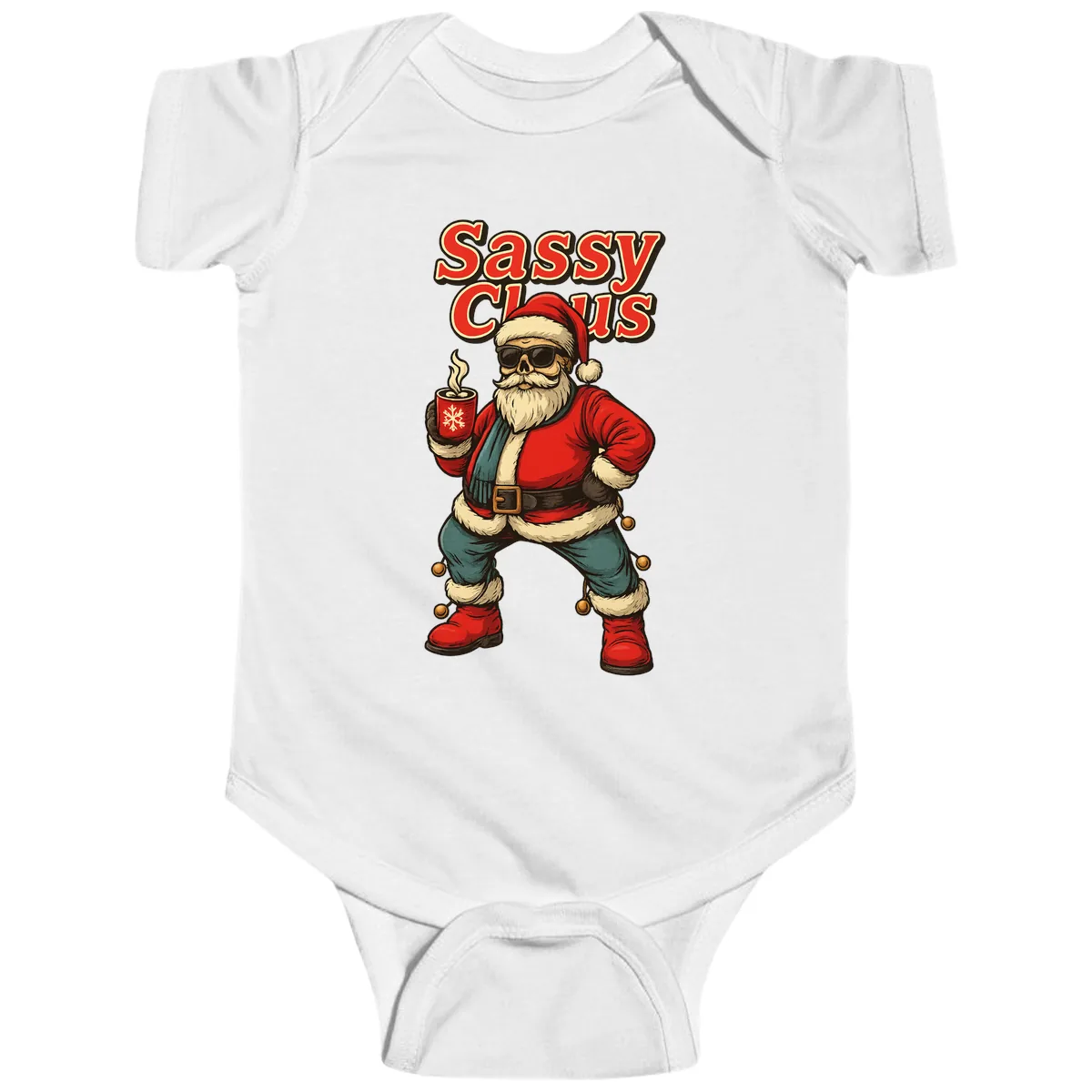 Sassy Claus With Coffee Mug Baby Onesie in White