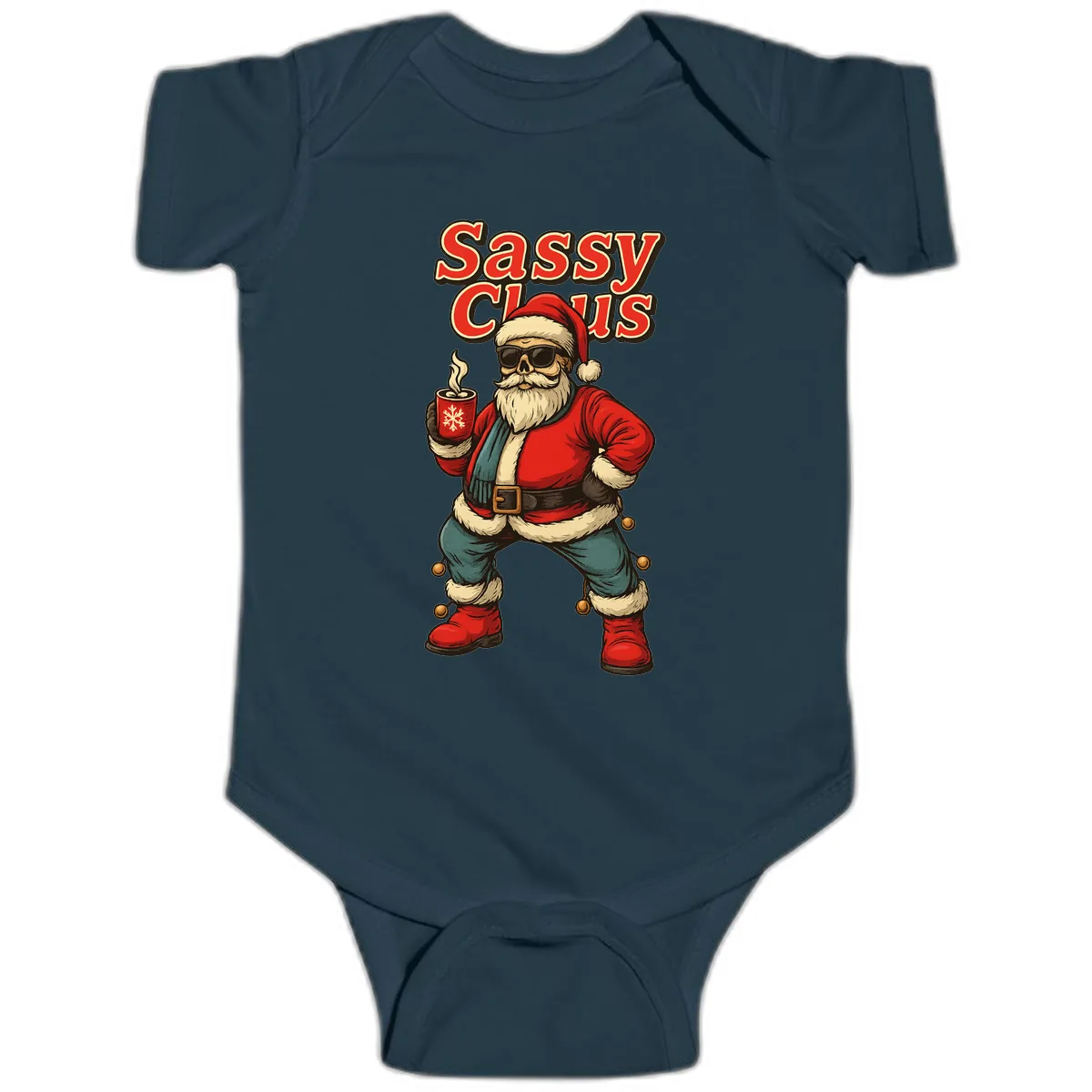 Sassy Claus With Coffee Mug Baby Onesie in Navy