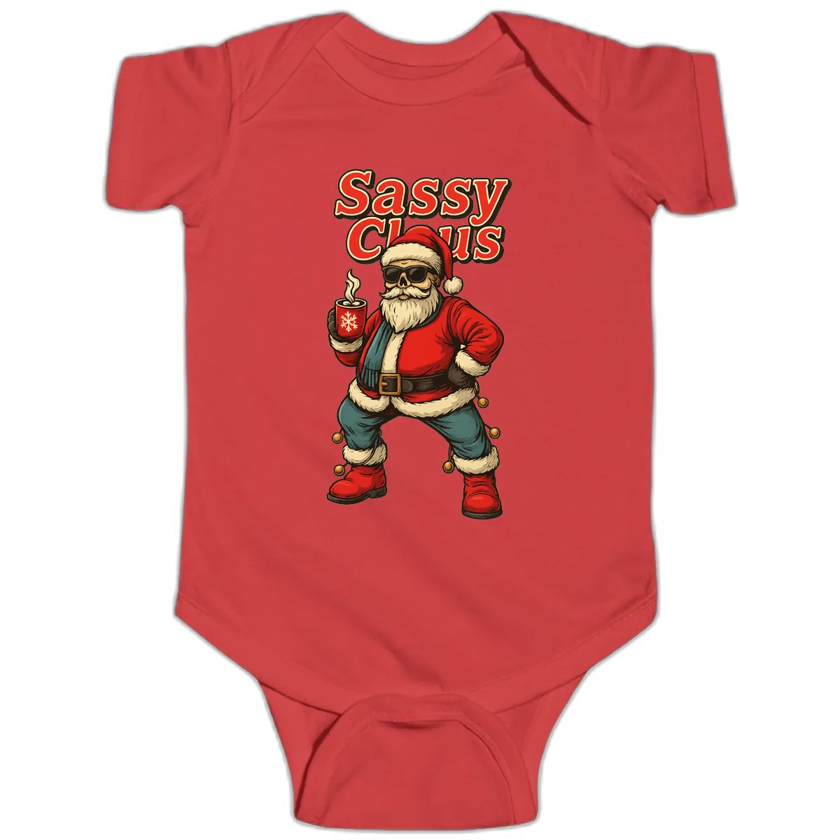 Sassy Claus With Coffee Mug Baby Onesie in Red