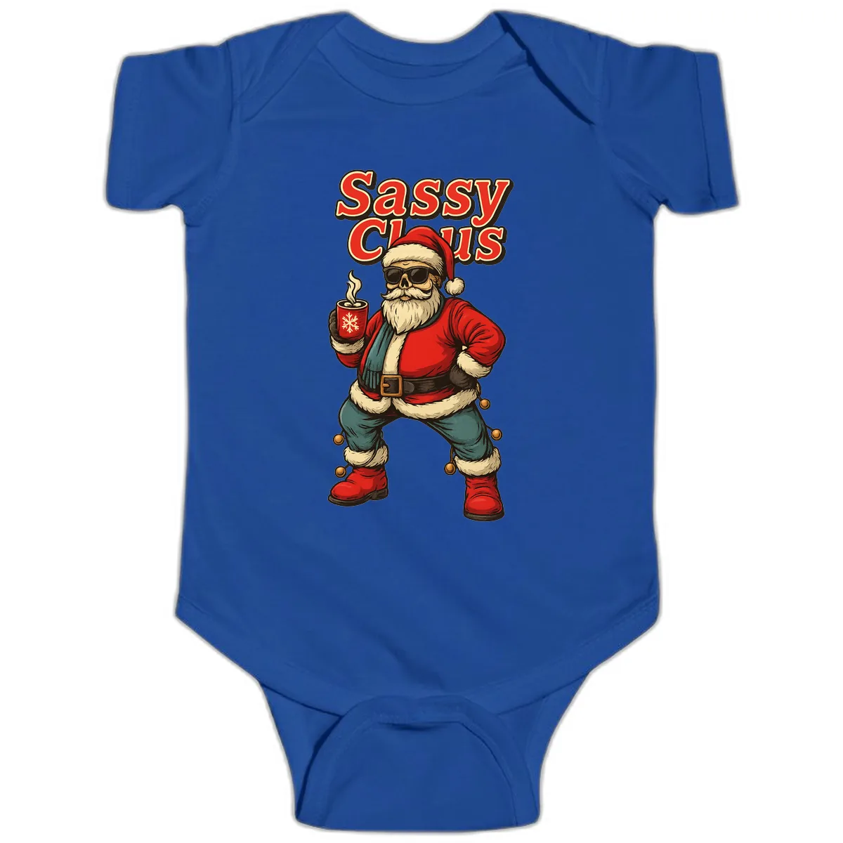 Sassy Claus With Coffee Mug Baby Onesie in Royal