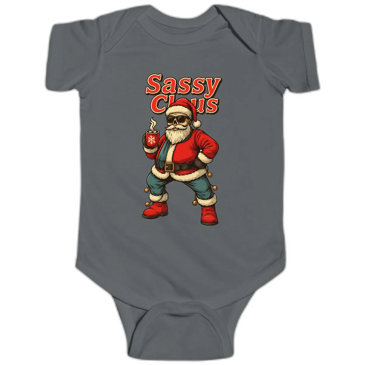 Sassy Claus With Coffee Mug Baby Onesie in Charcoal