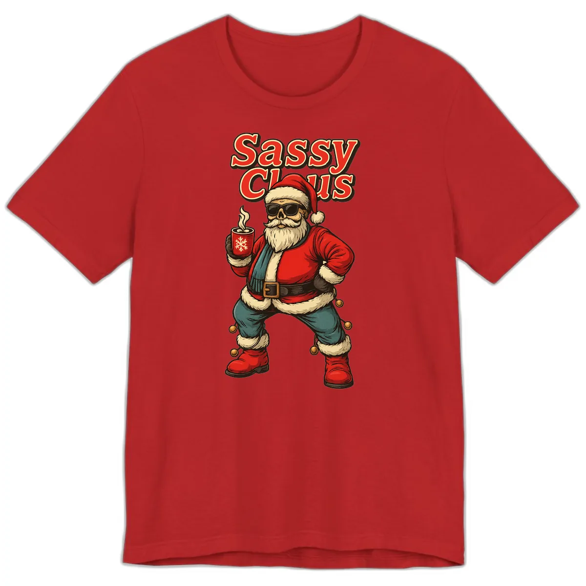 Sassy Claus With Coffee Mug Premium T-Shirt in Red