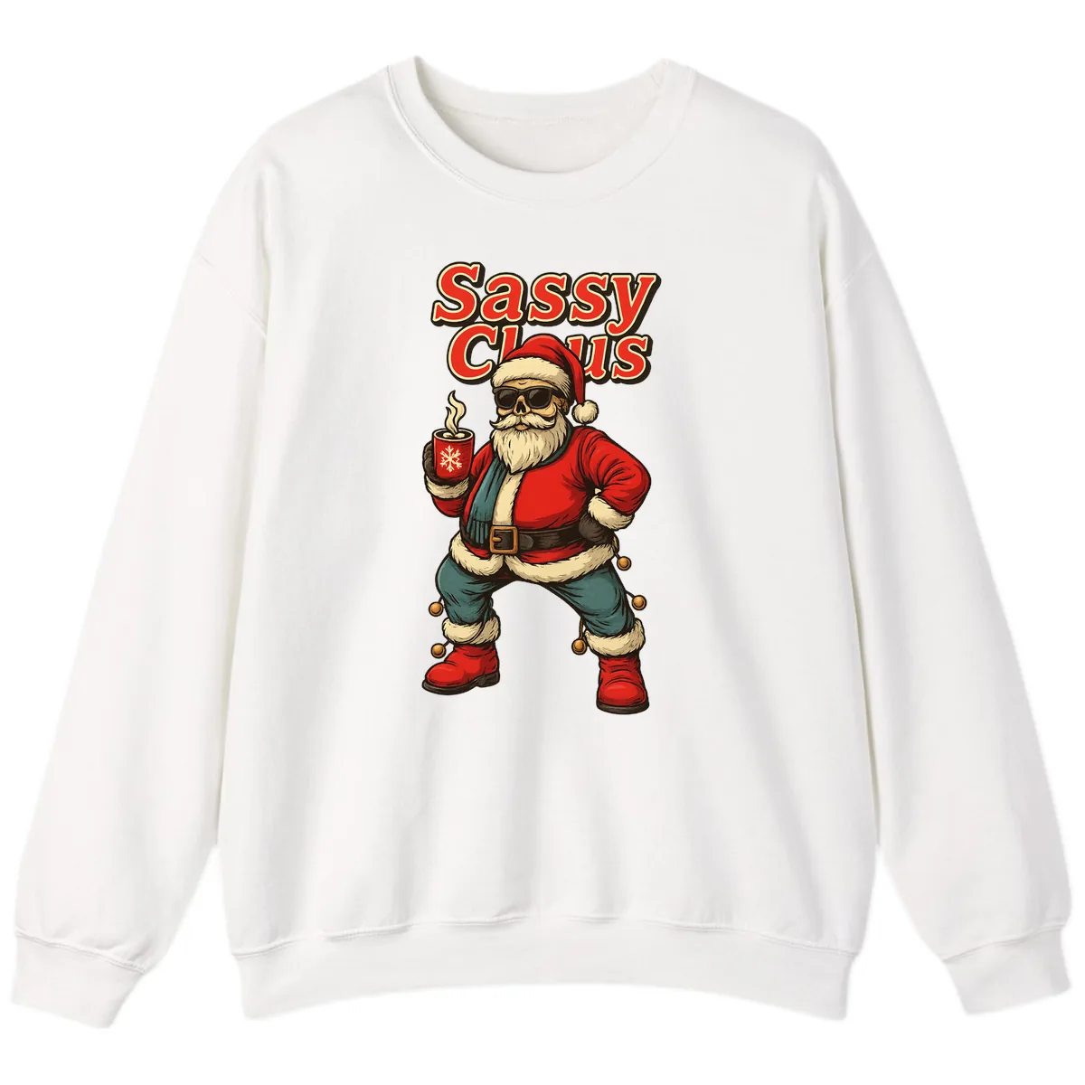 Sassy Claus With Coffee Mug Sweatshirt in White