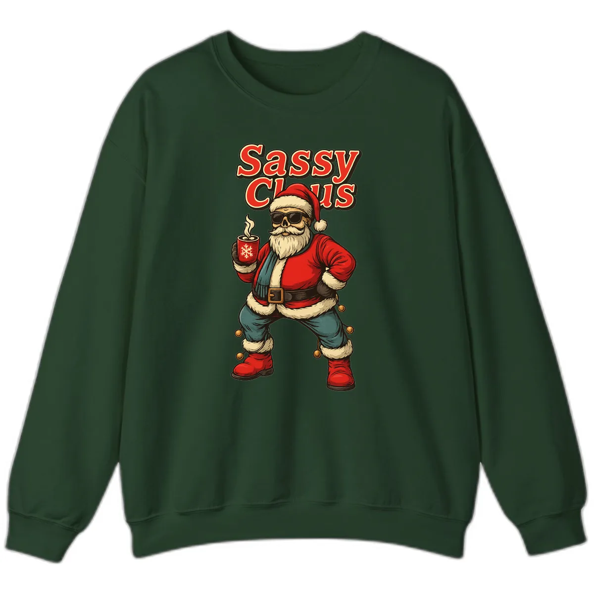 Sassy Claus With Coffee Mug Sweatshirt in Forest Green