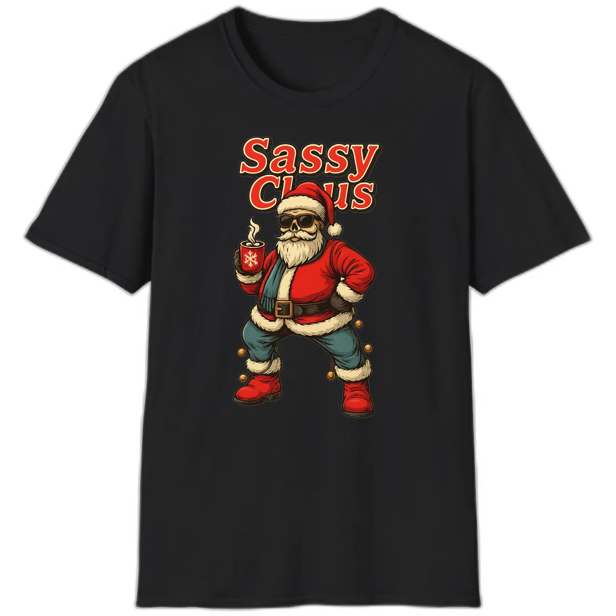 Sassy Claus With Coffee Mug T-Shirt in Black