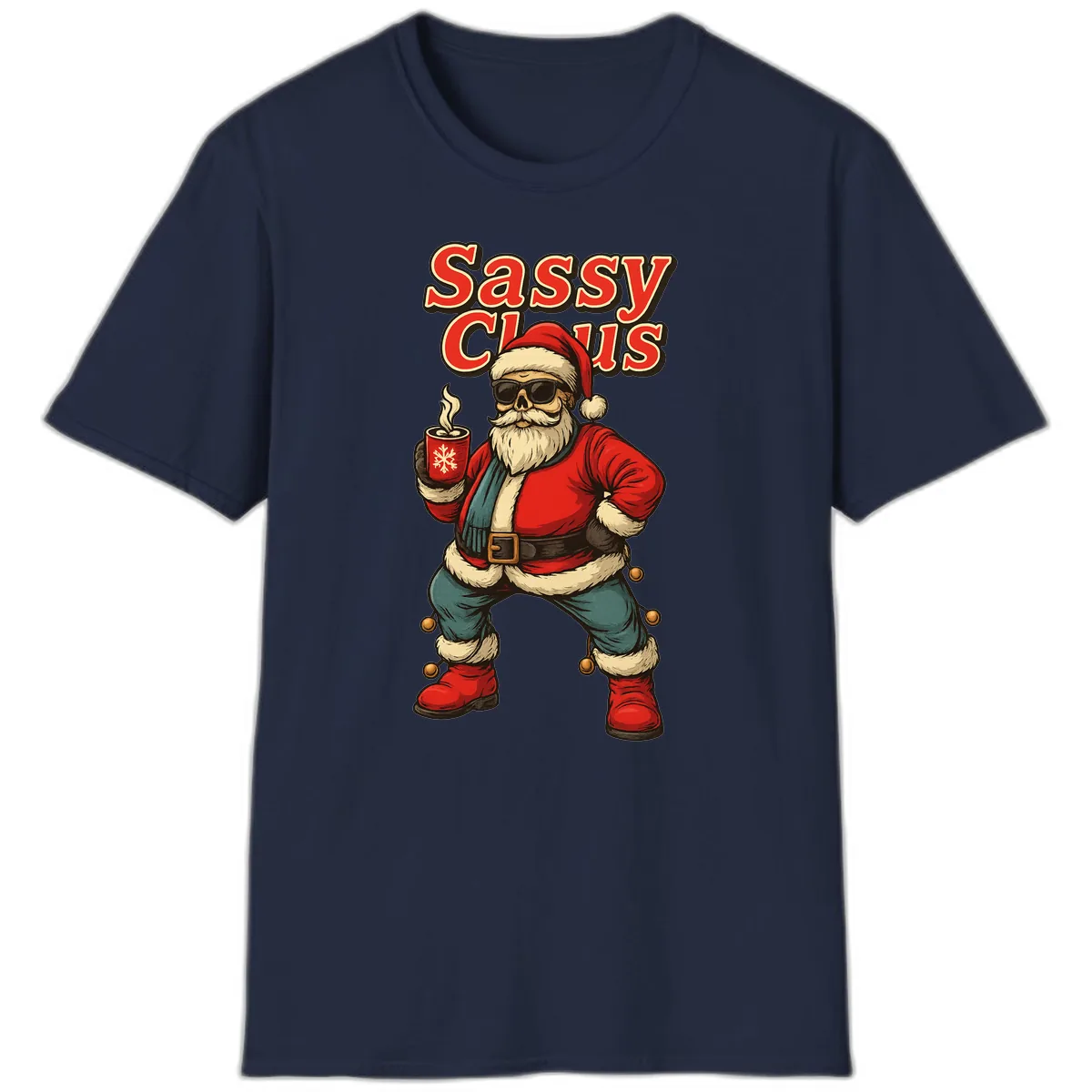 Sassy Claus With Coffee Mug T-Shirt in Navy