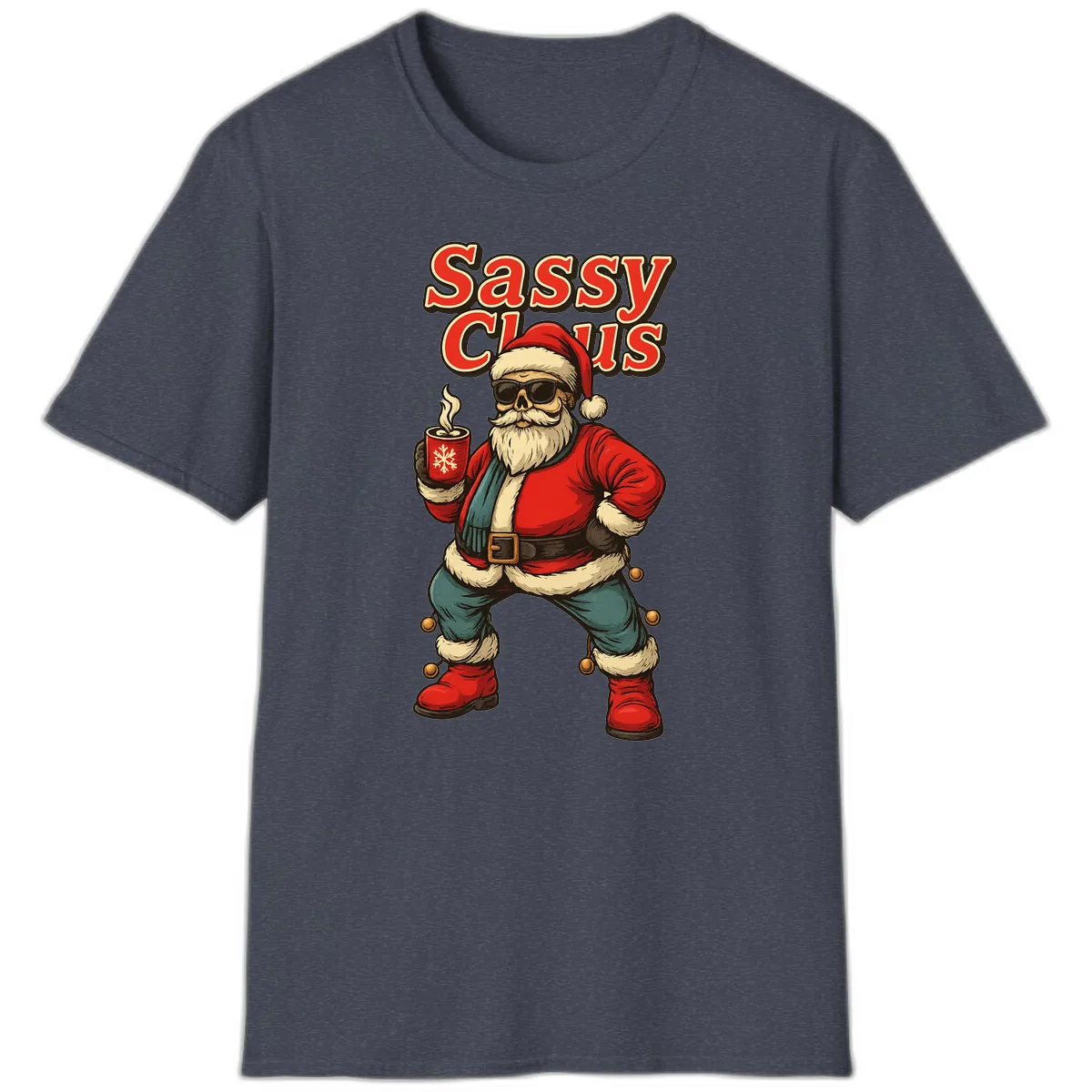Sassy Claus With Coffee Mug T-Shirt in Heather Navy