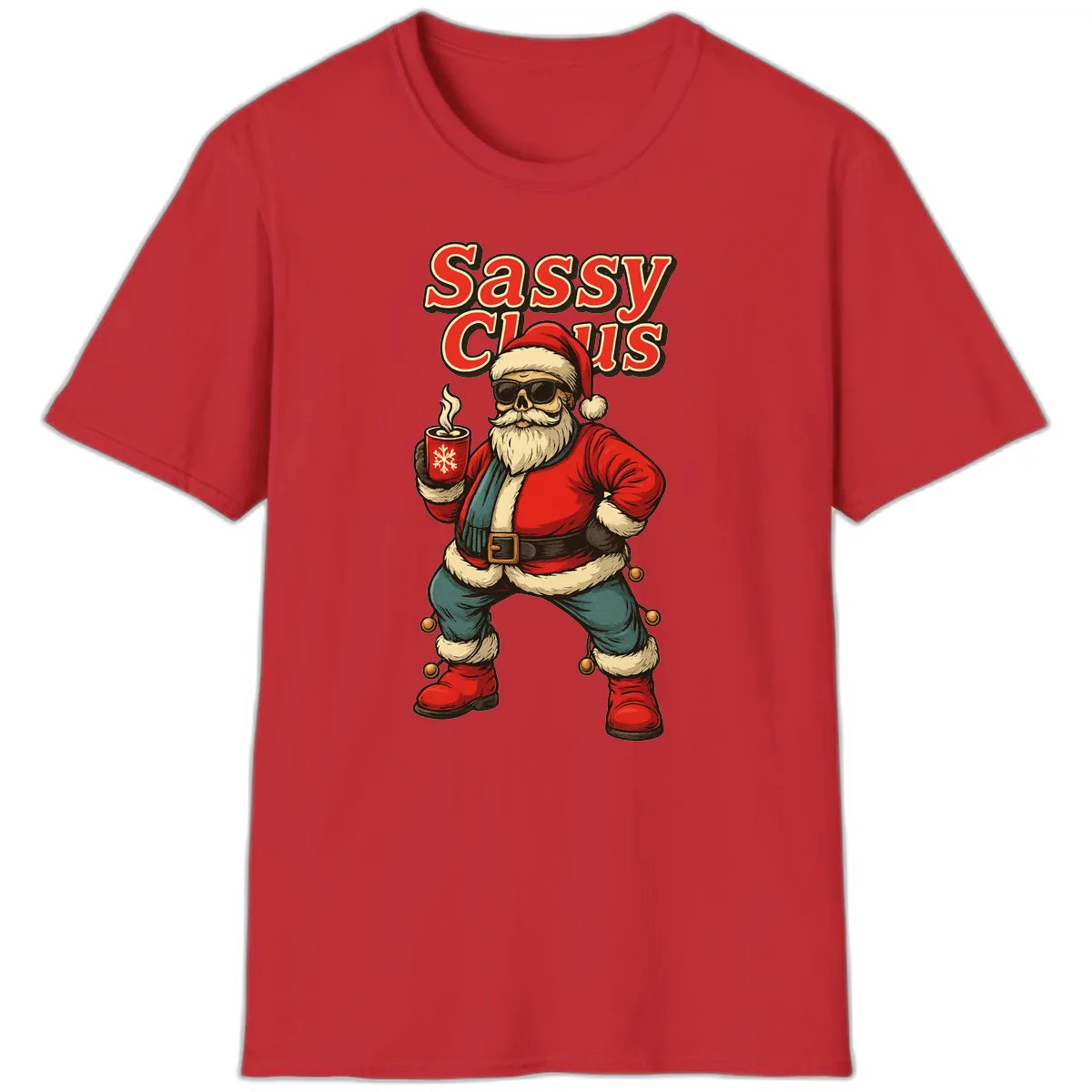 Sassy Claus With Coffee Mug T-Shirt in Red