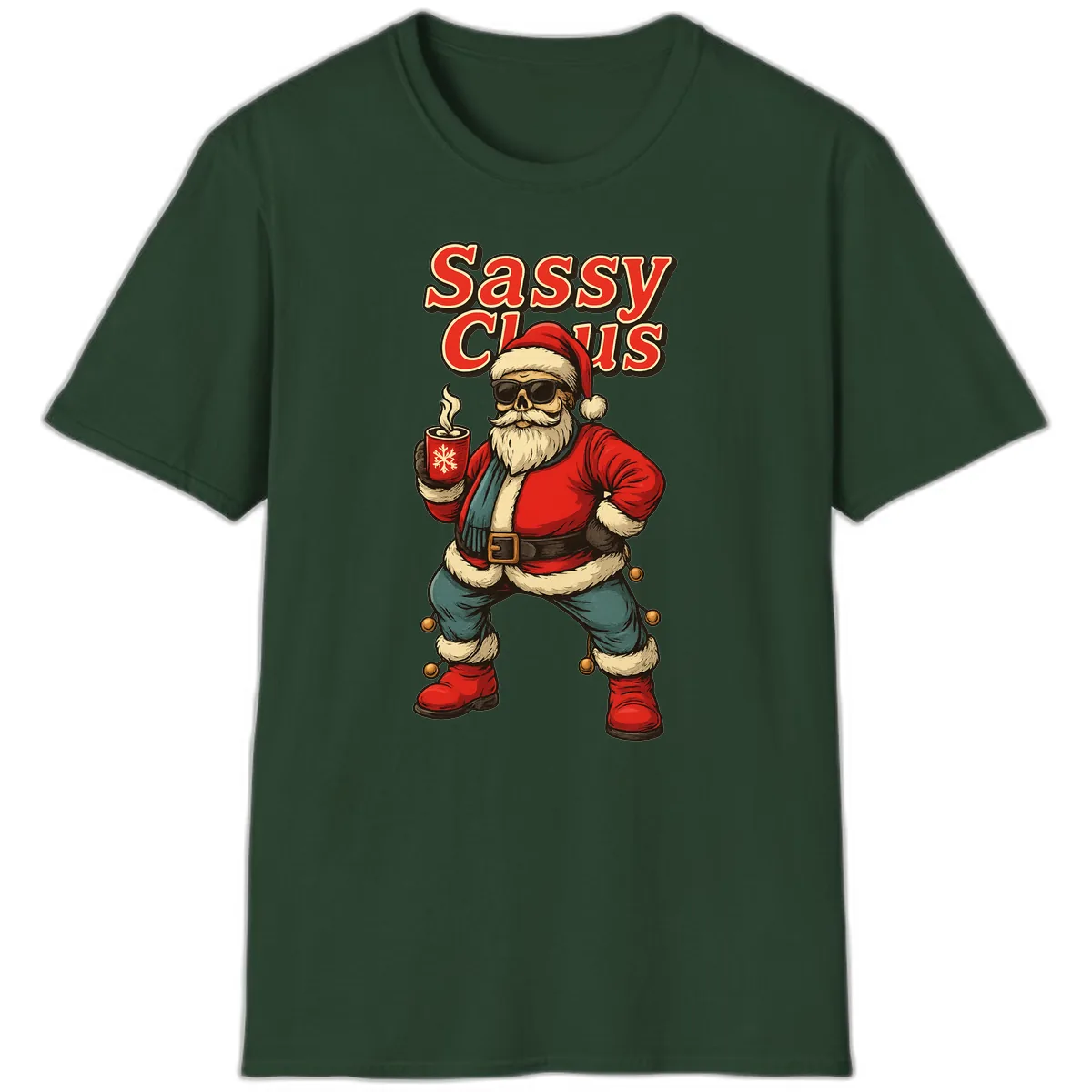 Sassy Claus With Coffee Mug T-Shirt in Forest Green