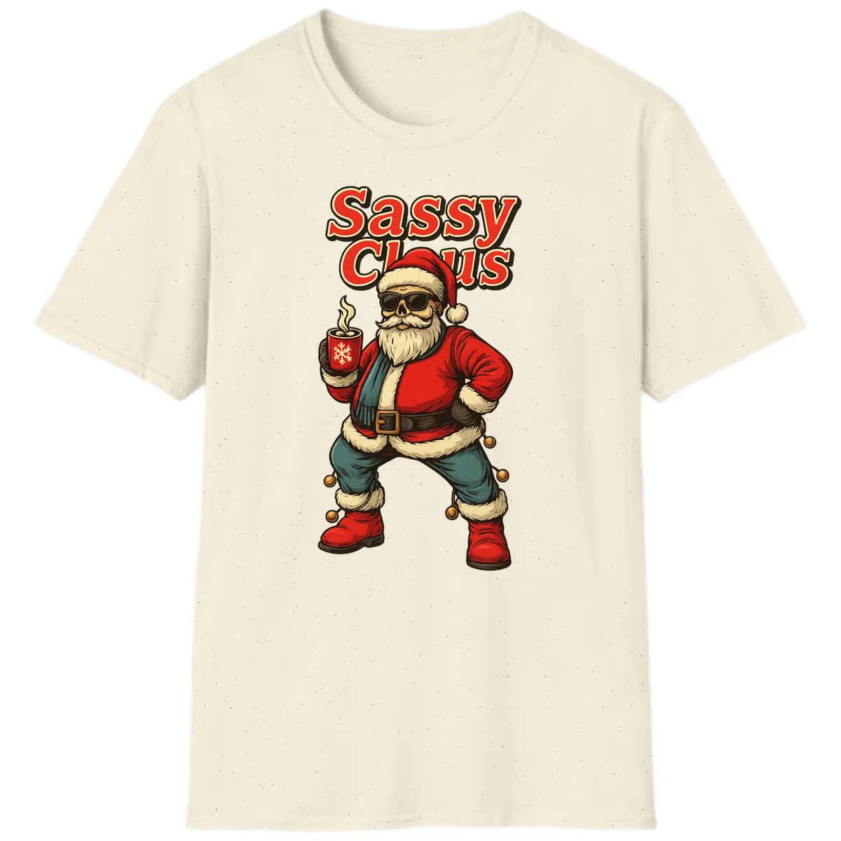 Sassy Claus With Coffee Mug T-Shirt in Natural