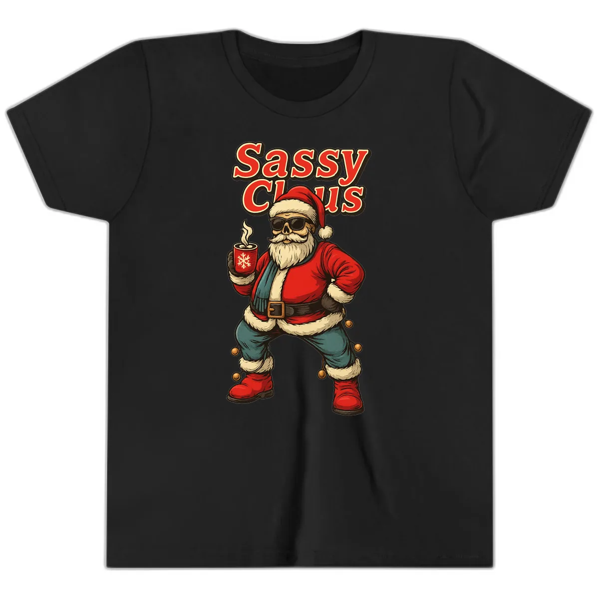 Sassy Claus With Coffee Mug Youth T-Shirt in Black