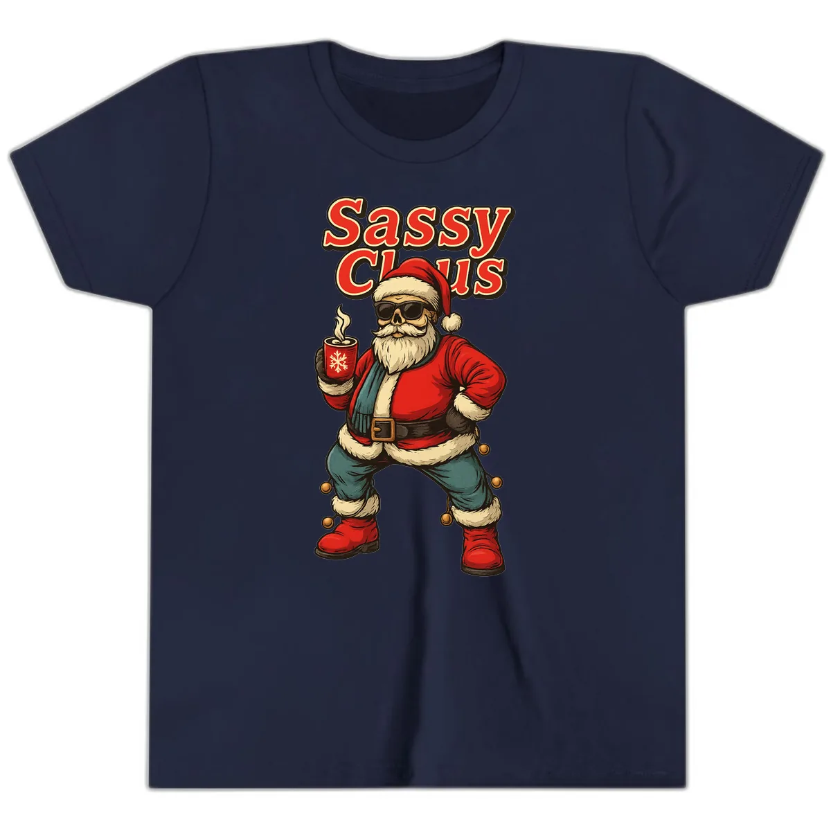 Sassy Claus With Coffee Mug Youth T-Shirt in Navy