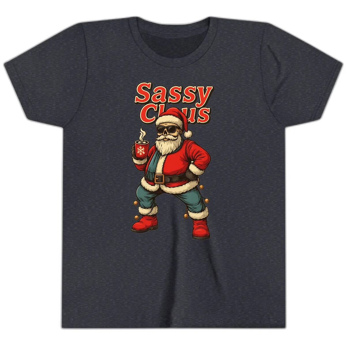 Sassy Claus With Coffee Mug Youth T-Shirt in Heather Navy