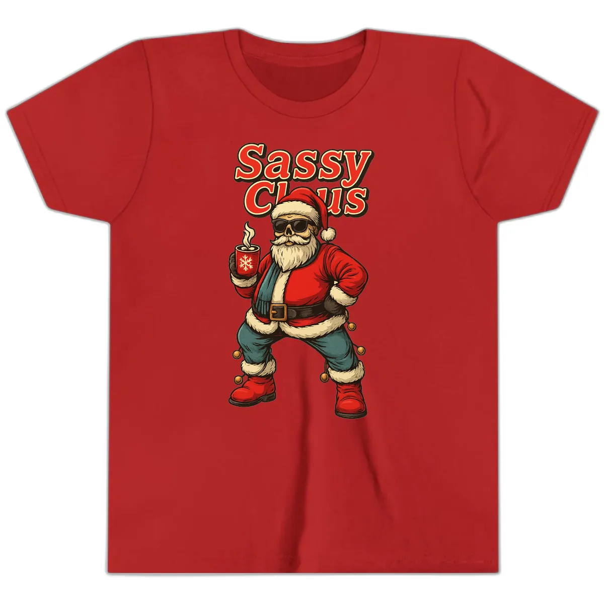 Sassy Claus With Coffee Mug Youth T-Shirt in Red