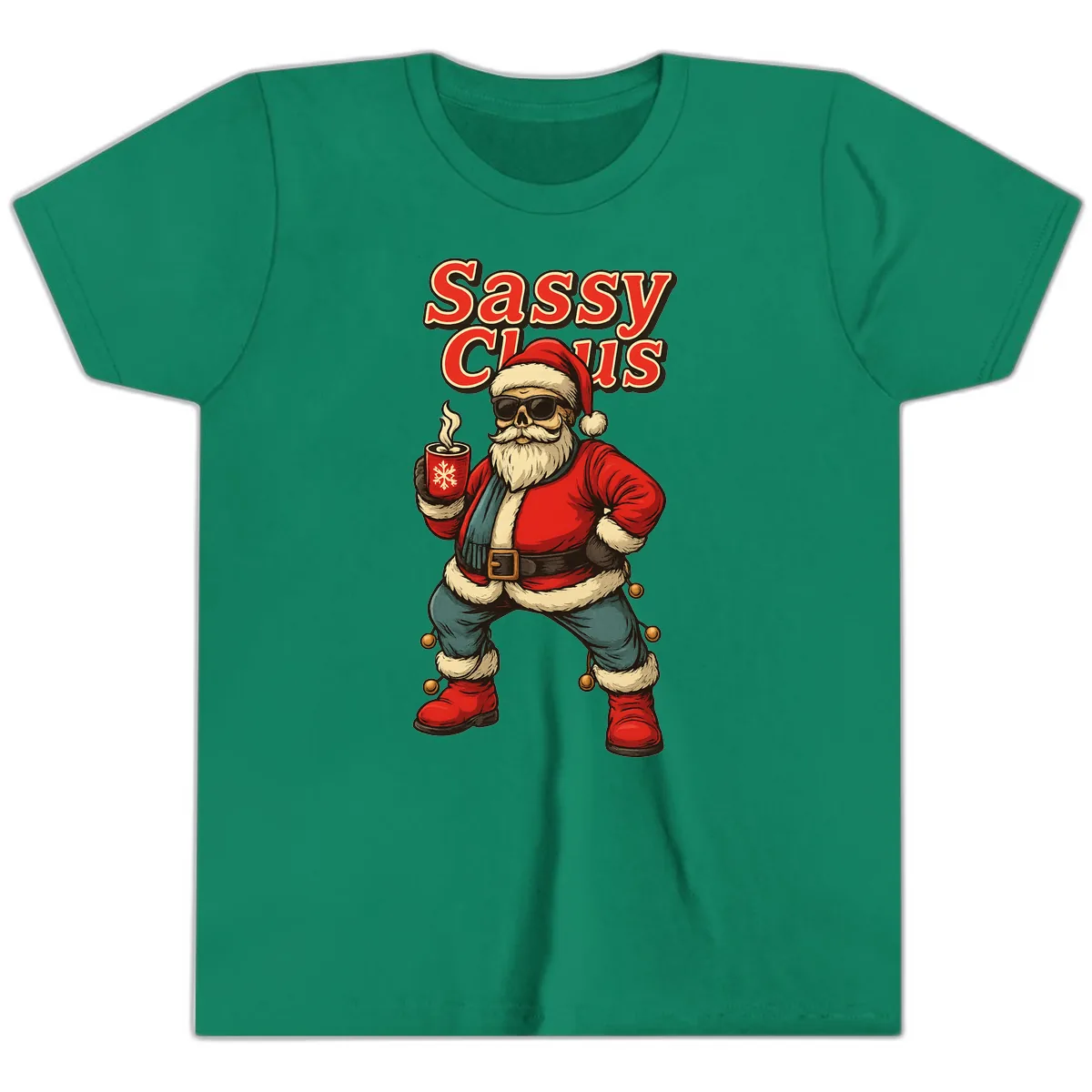 Sassy Claus With Coffee Mug Youth T-Shirt in Kelly