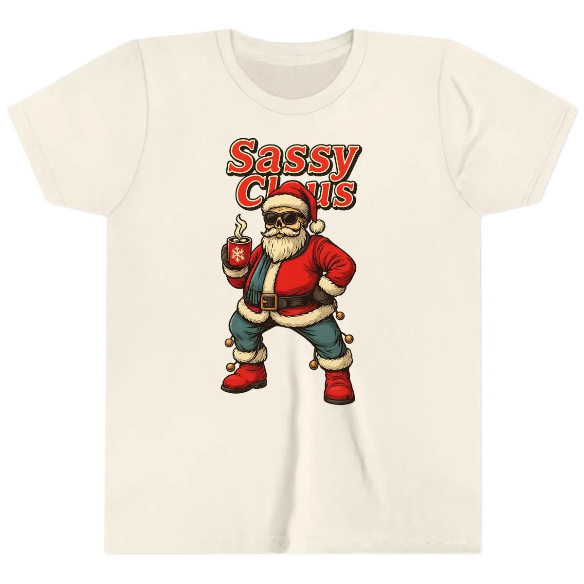 Sassy Claus With Coffee Mug Youth T-Shirt in Natural