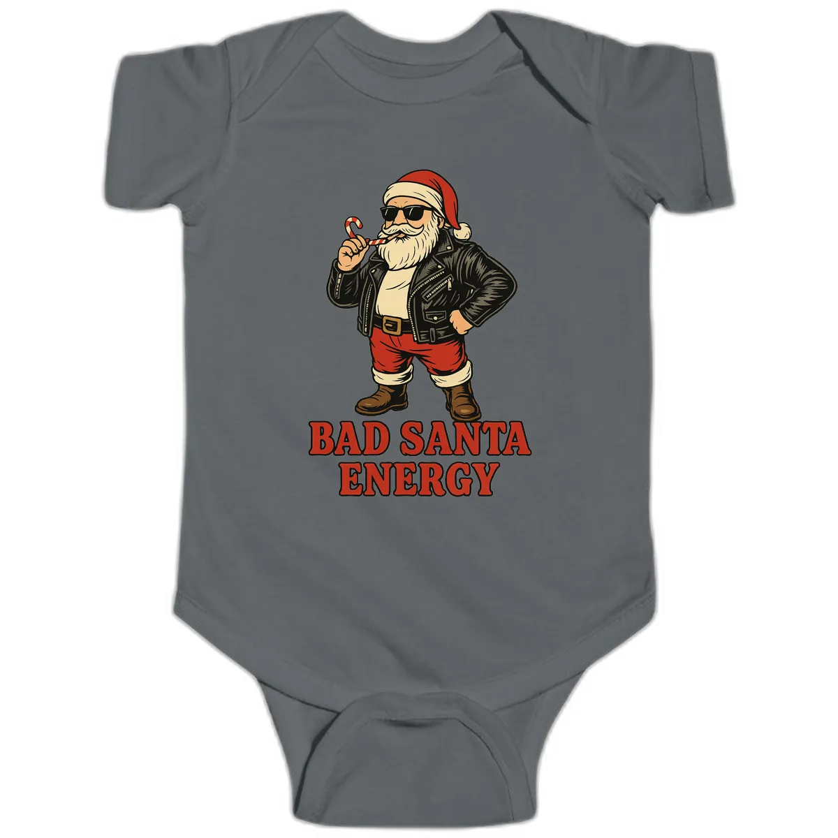 Bad Santa Energy Graphic Baby Onesie in Charcoal