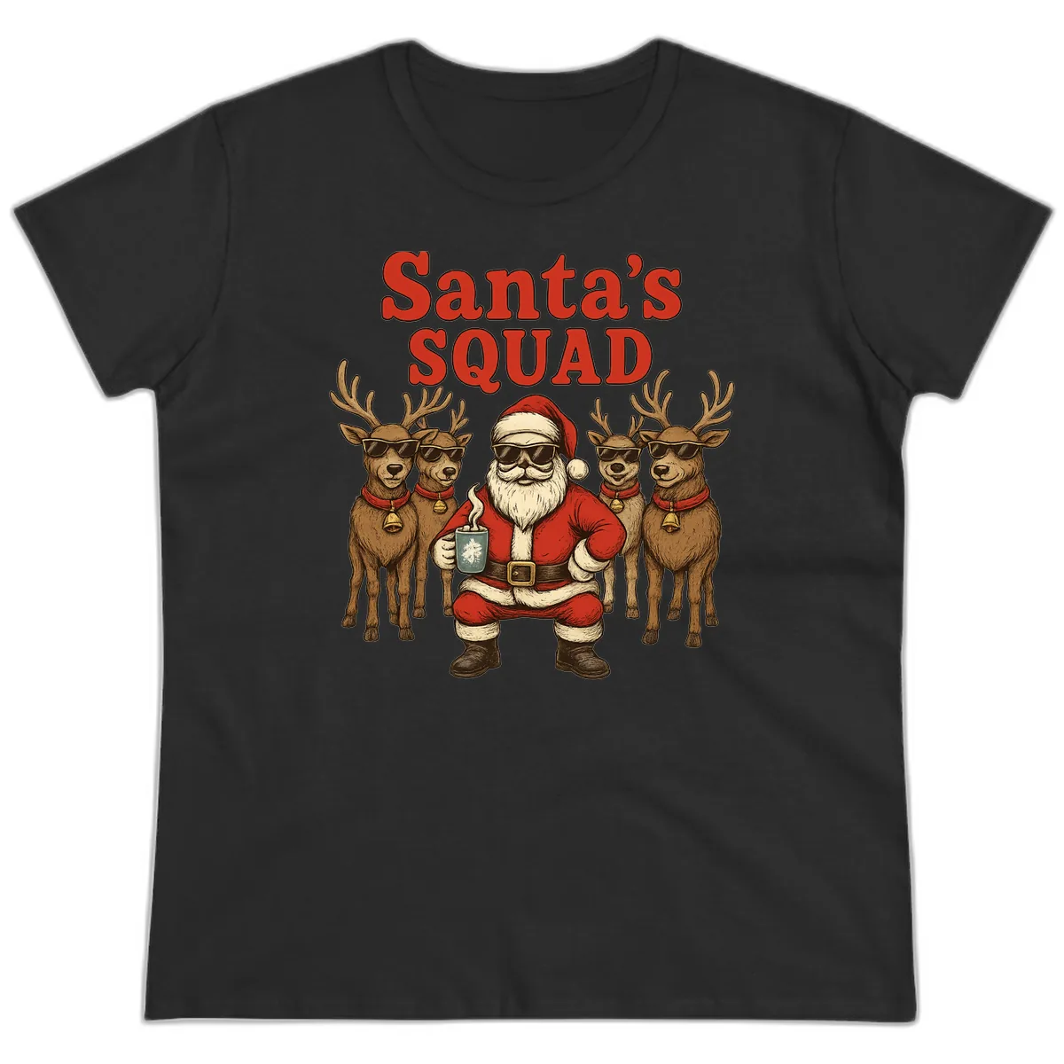 Santa's Cool Squad Holiday Graphic Ladies Tee in Black