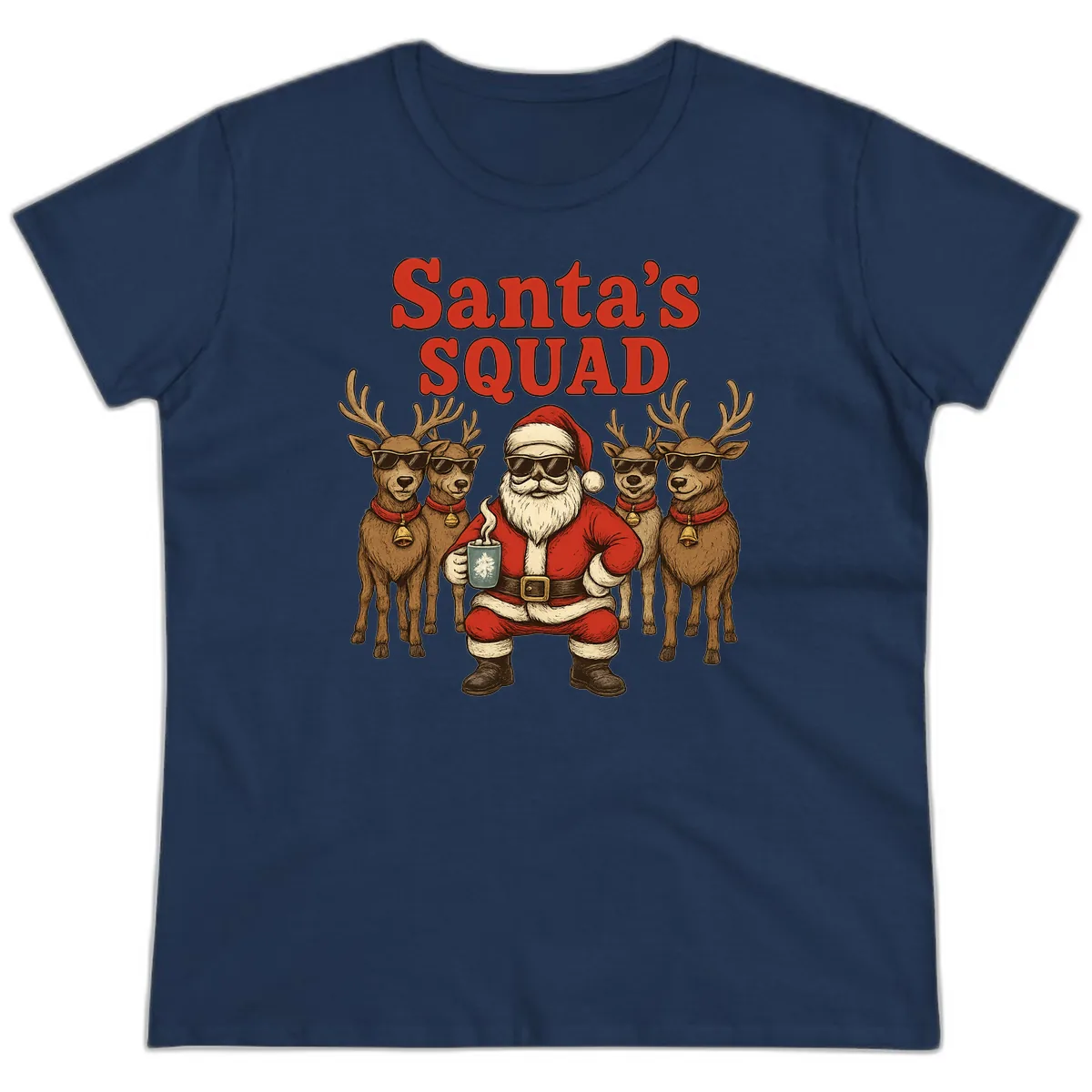 Santa's Cool Squad Holiday Graphic Ladies Tee in Navy