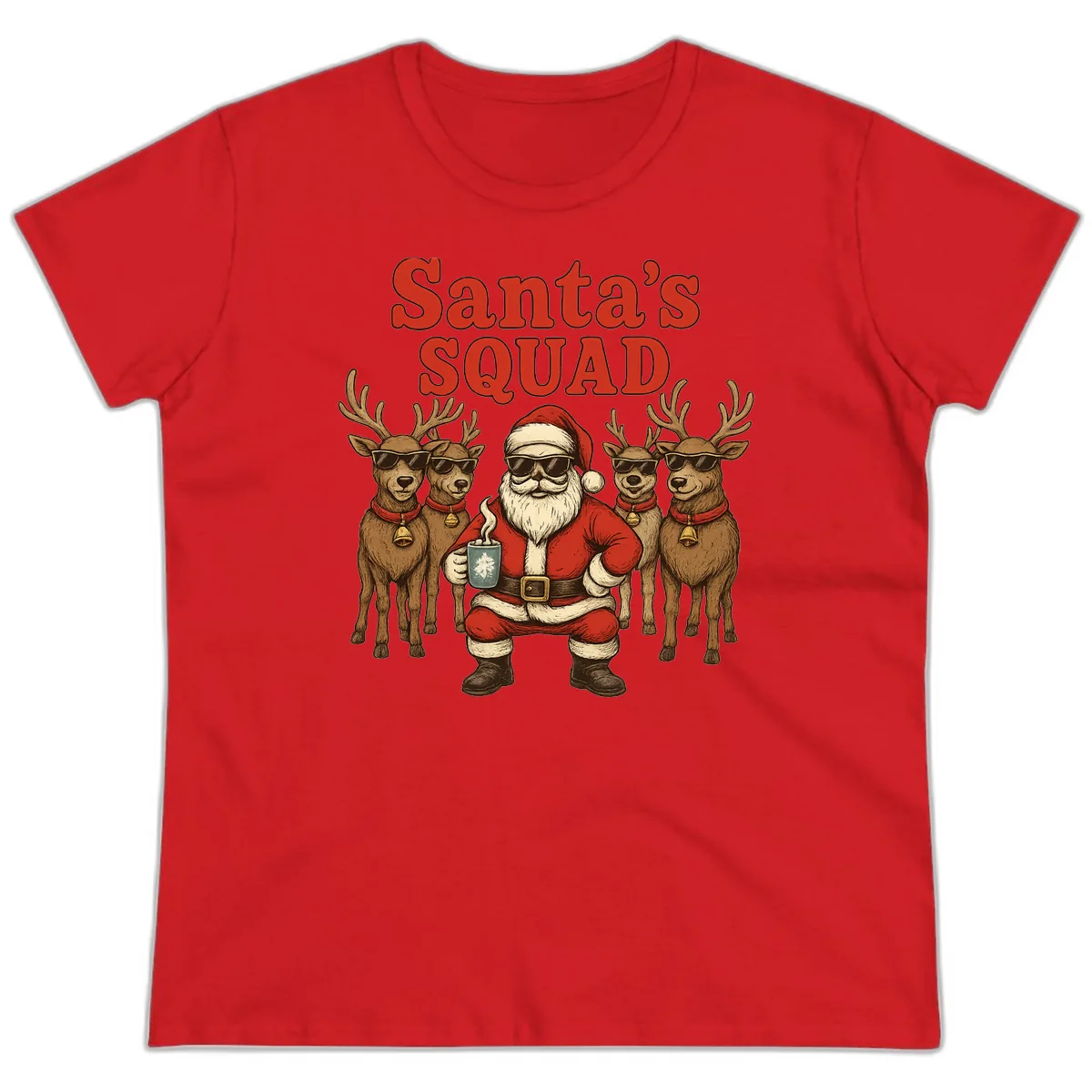Santa's Cool Squad Holiday Graphic Ladies Tee in Red