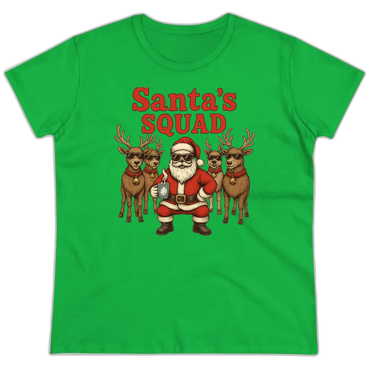 Santa's Cool Squad Holiday Graphic Ladies Tee in Irish Green