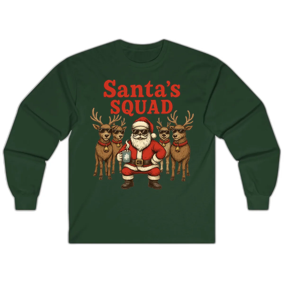Santa's Cool Squad Holiday Graphic Long Sleeve in Forest Green
