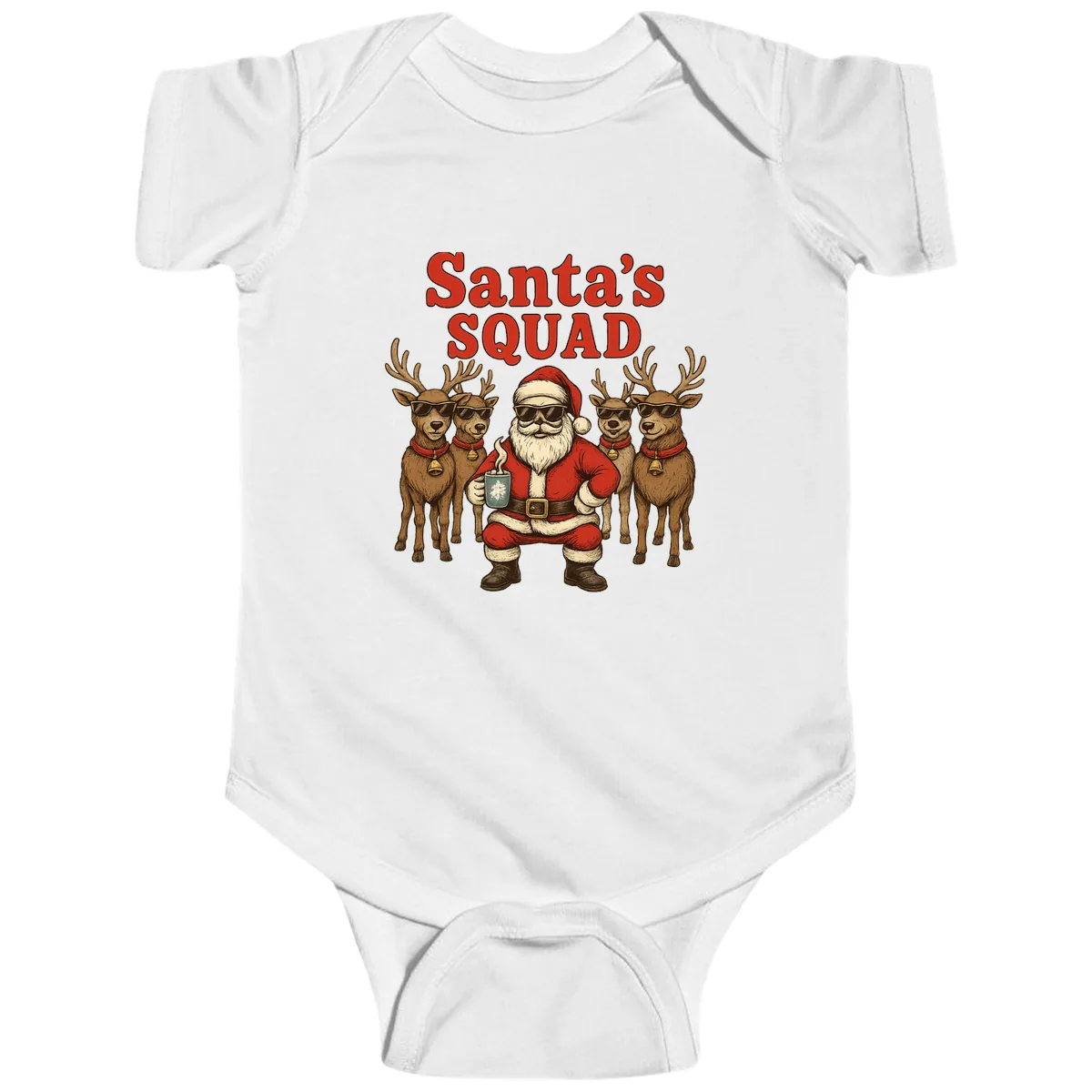 Santa's Cool Squad Holiday Graphic Baby Onesie in White