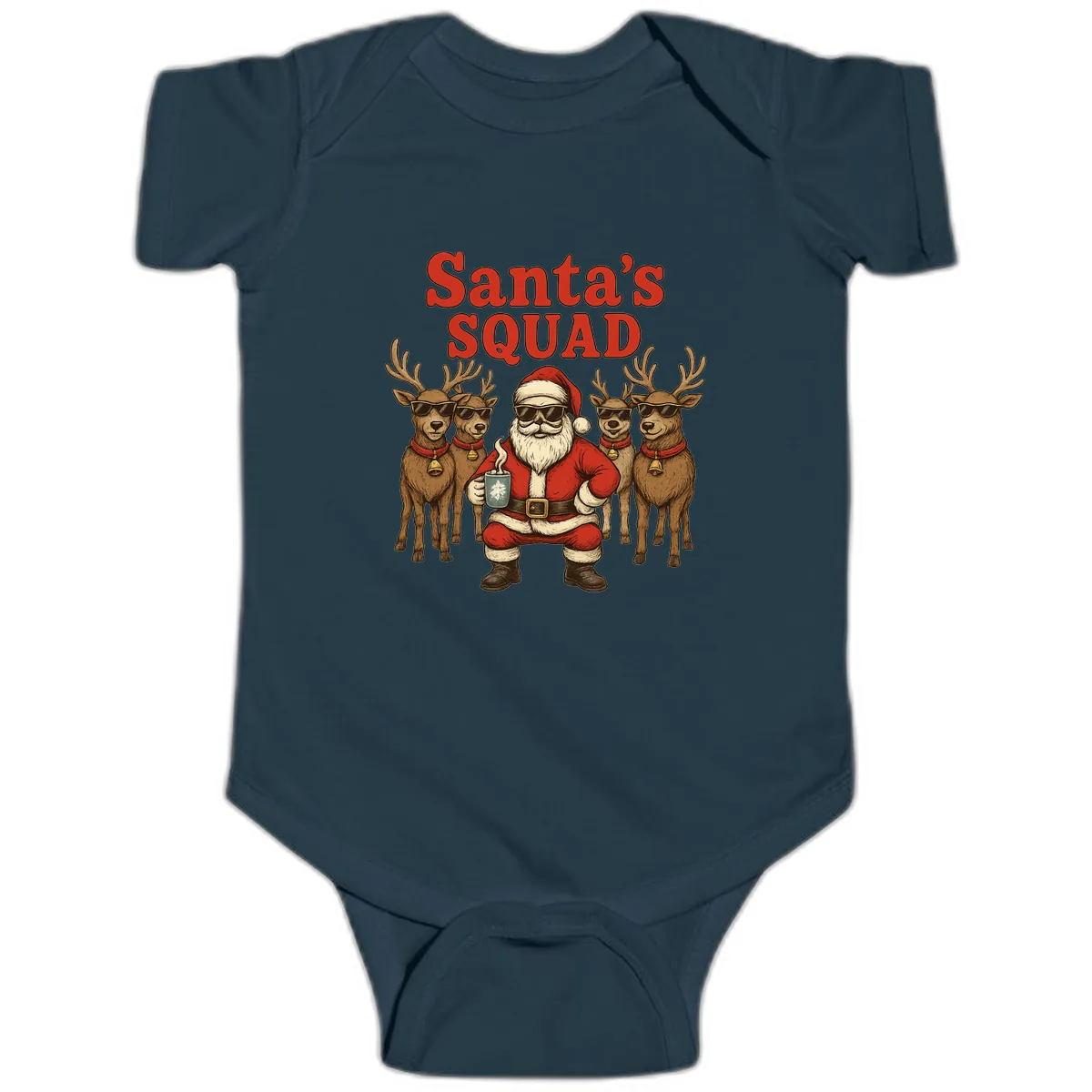 Santa's Cool Squad Holiday Graphic Baby Onesie in Navy