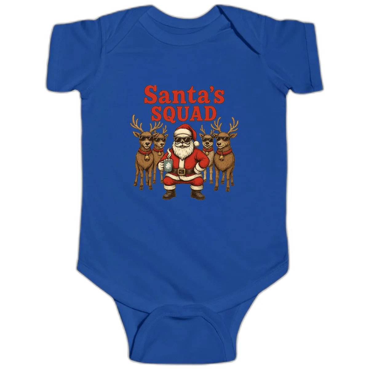 Santa's Cool Squad Holiday Graphic Baby Onesie in Royal
