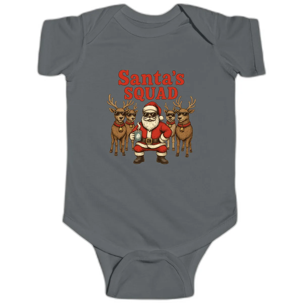 Santa's Cool Squad Holiday Graphic Baby Onesie in Charcoal