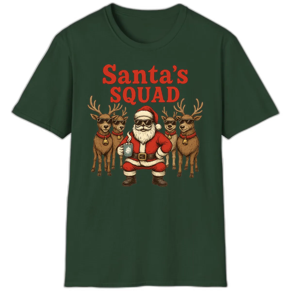 Santa's Cool Squad Holiday Graphic T-Shirt in Forest Green
