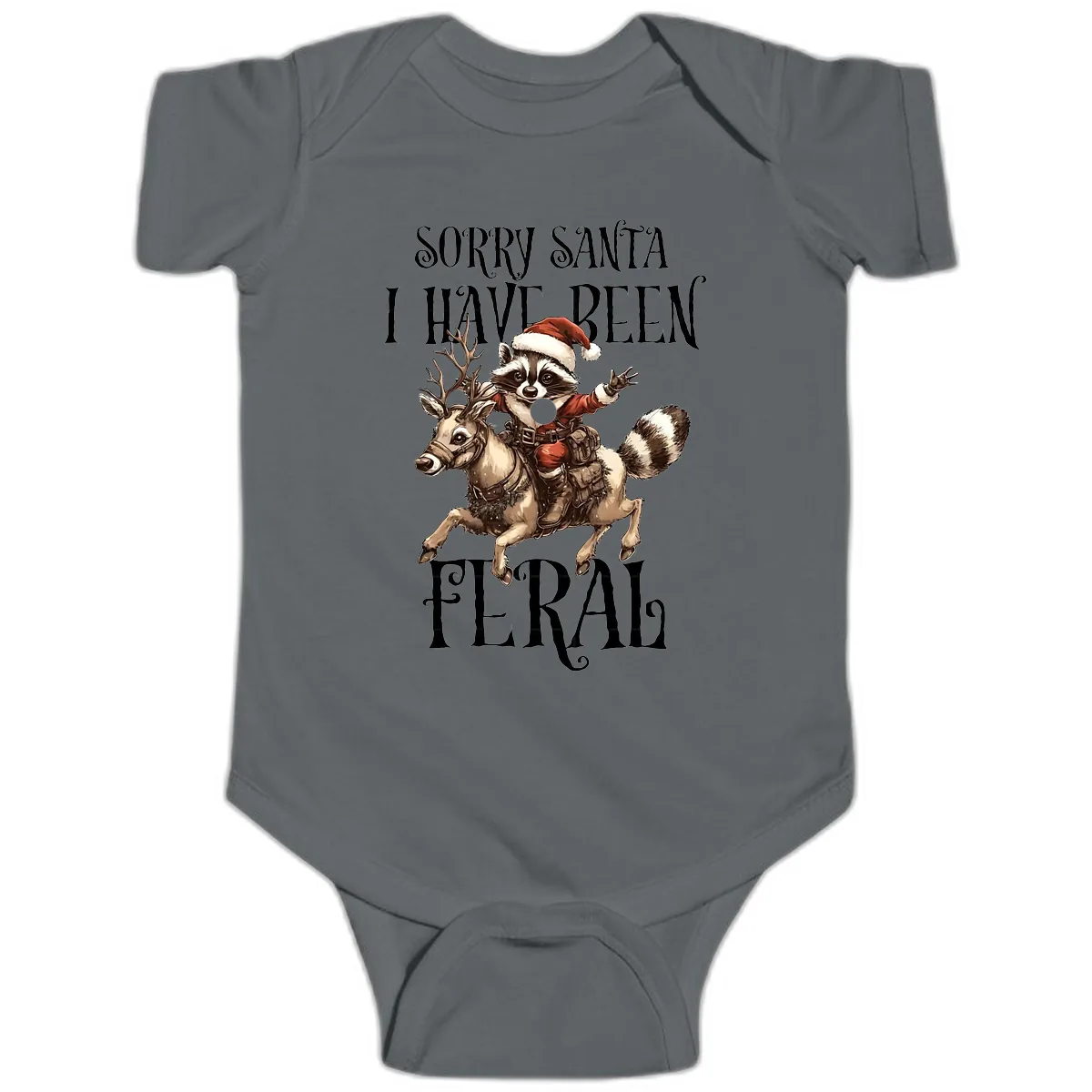 Sorry Santa I Have Been Feral Raccoon Baby Onesie in Charcoal