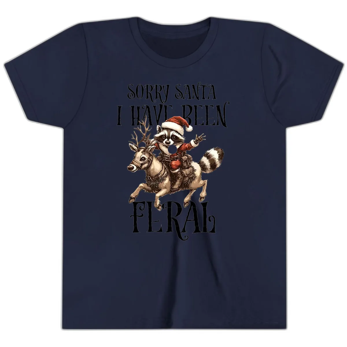 Sorry Santa I Have Been Feral Raccoon Youth T-Shirt in Navy