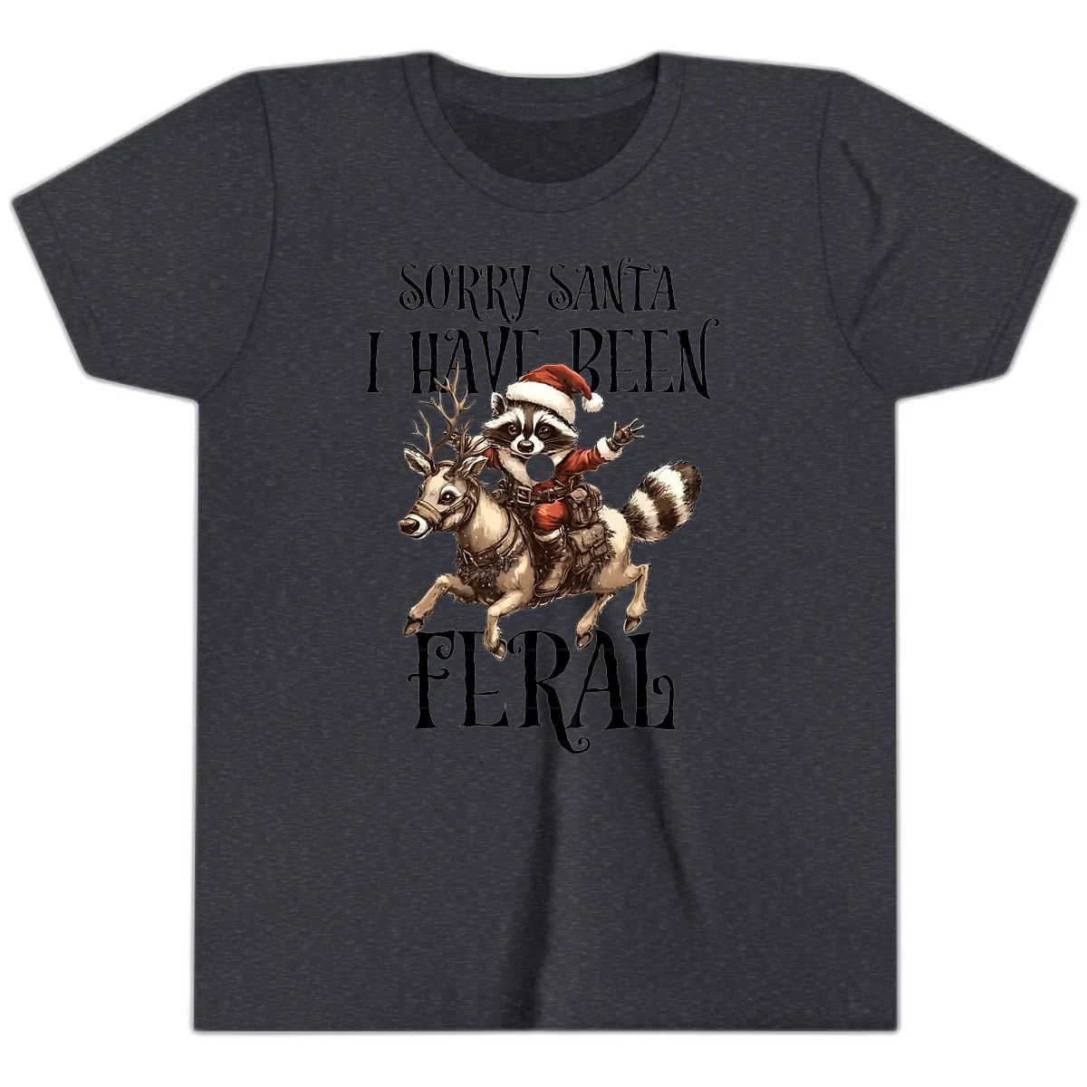 Sorry Santa I Have Been Feral Raccoon Youth T-Shirt in Heather Navy
