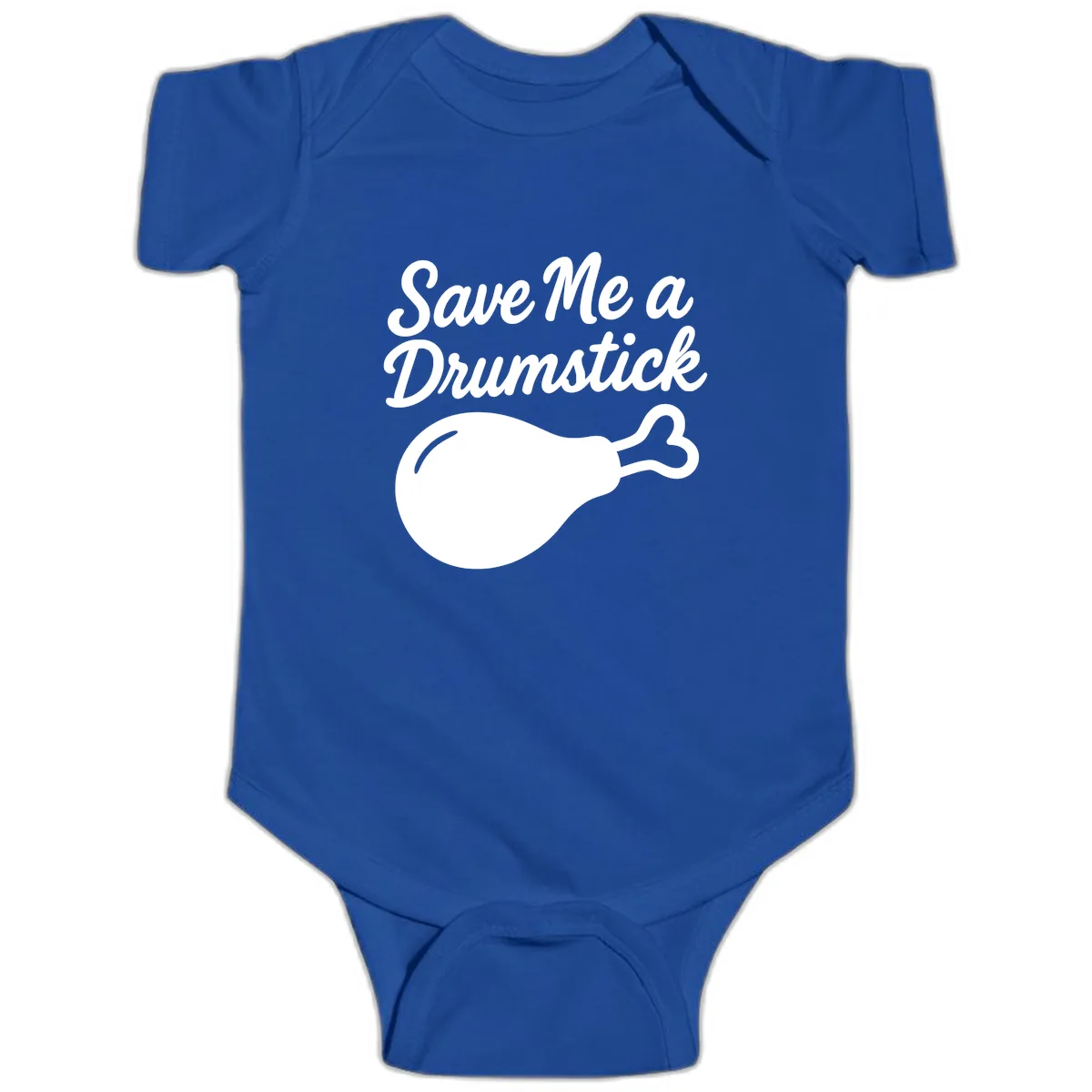 Save Me A Drumstick Thanksgiving Quote Baby Onesie in Royal