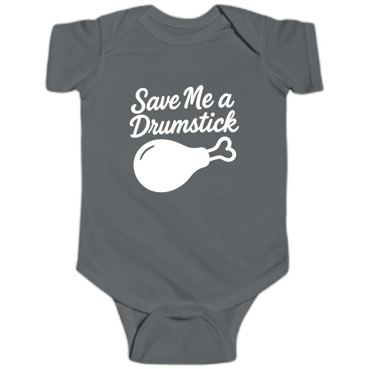 Save Me A Drumstick Thanksgiving Quote Baby Onesie in Charcoal