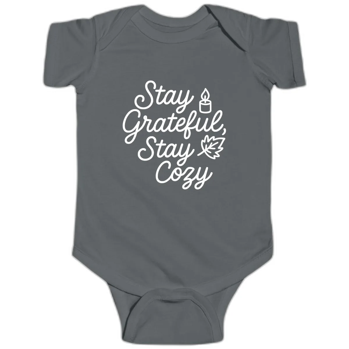Stay Grateful Stay Cozy Fall Phrase Baby Onesie in Charcoal