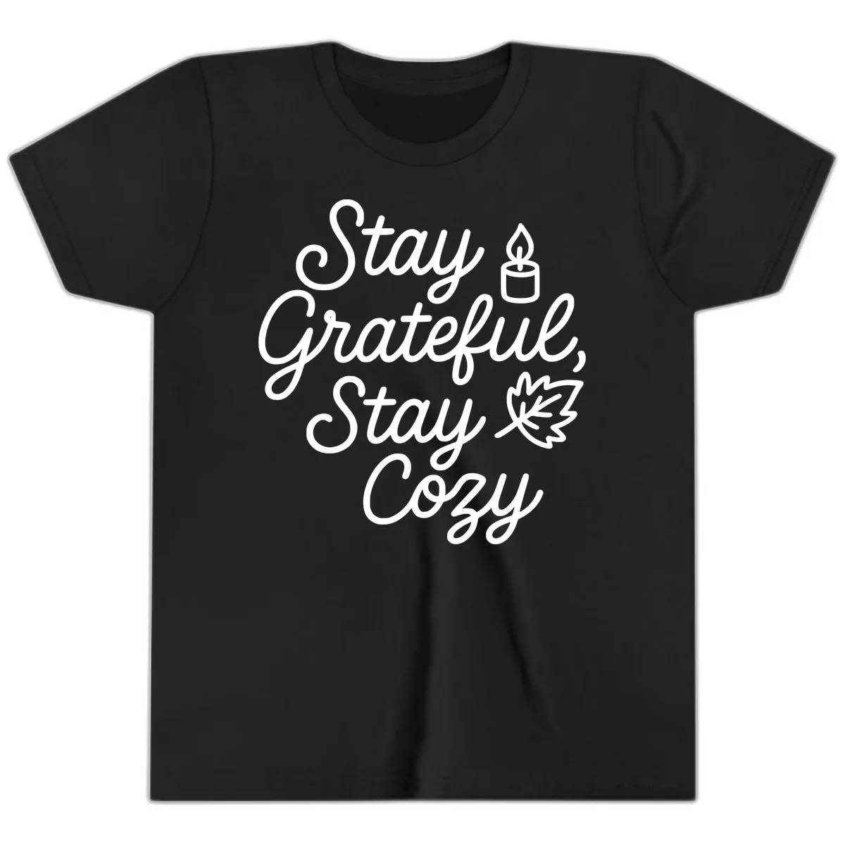 Stay Grateful Stay Cozy Fall Phrase Youth T-Shirt in Black