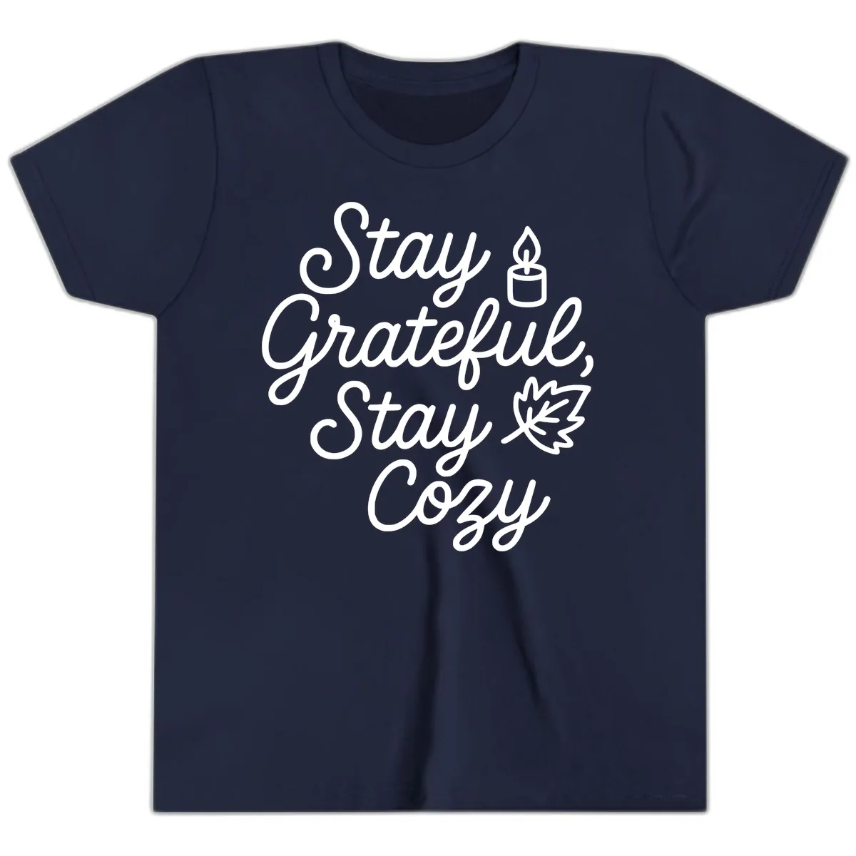 Stay Grateful Stay Cozy Fall Phrase Youth T-Shirt in Navy