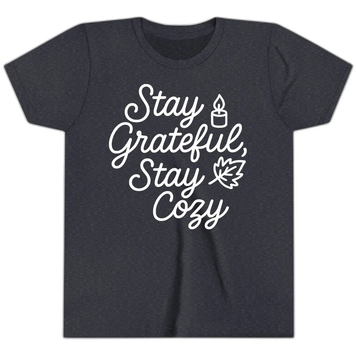 Stay Grateful Stay Cozy Fall Phrase Youth T-Shirt in Heather Navy